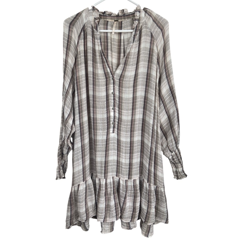 Free People $128‎ Womens Gray Plaid Ruffled Banded Sleeves Shirt Dress XS